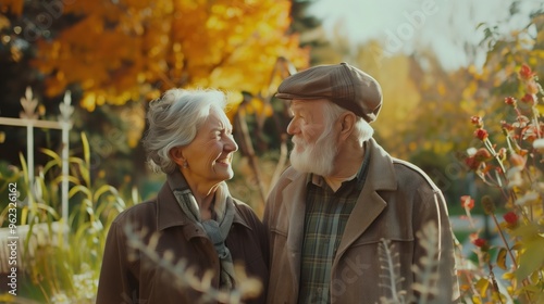 A couple of older people are standing in a garden, smiling at each other