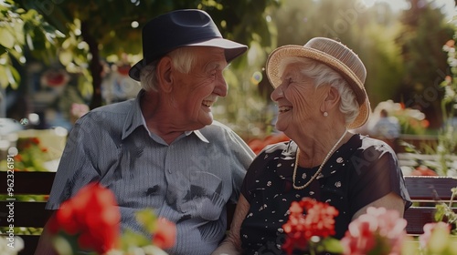 A man and woman are sitting on a bench in a park