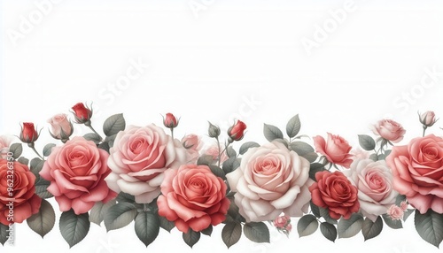 Beautiful floral border featuring elegant pink and white roses, perfect for wedding invitations, greeting cards, or romantic designs.