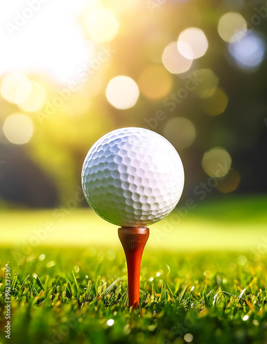 Close-up golf ball on tee with blur green bokeh background photo