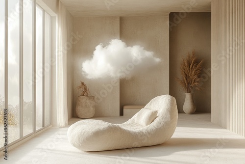 neutral interior design, the neutral minimalist decor provides a tranquil backdrop, as a soft cloud drifts through, embodying unrestricted imagination
