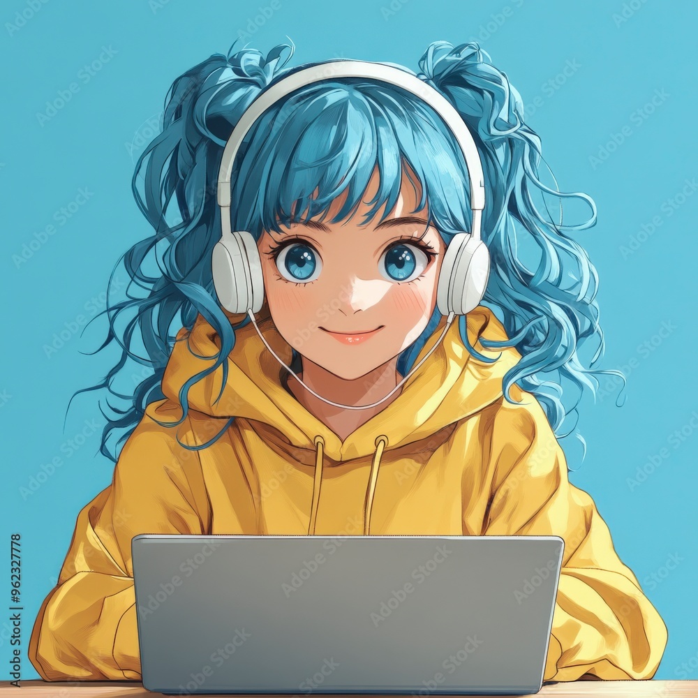 Anime Girl in Yellow Hoodie Working on Laptop Anime Girl in Yellow Hoodie Working on Laptop