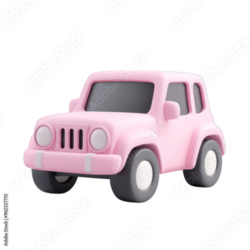 A cute pink toy car designed for children's play, featuring rounded edges and a friendly, cartoonish appearance. 3D render