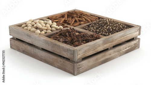 Rustic Wooden Crate with Holiday Spices on White Background