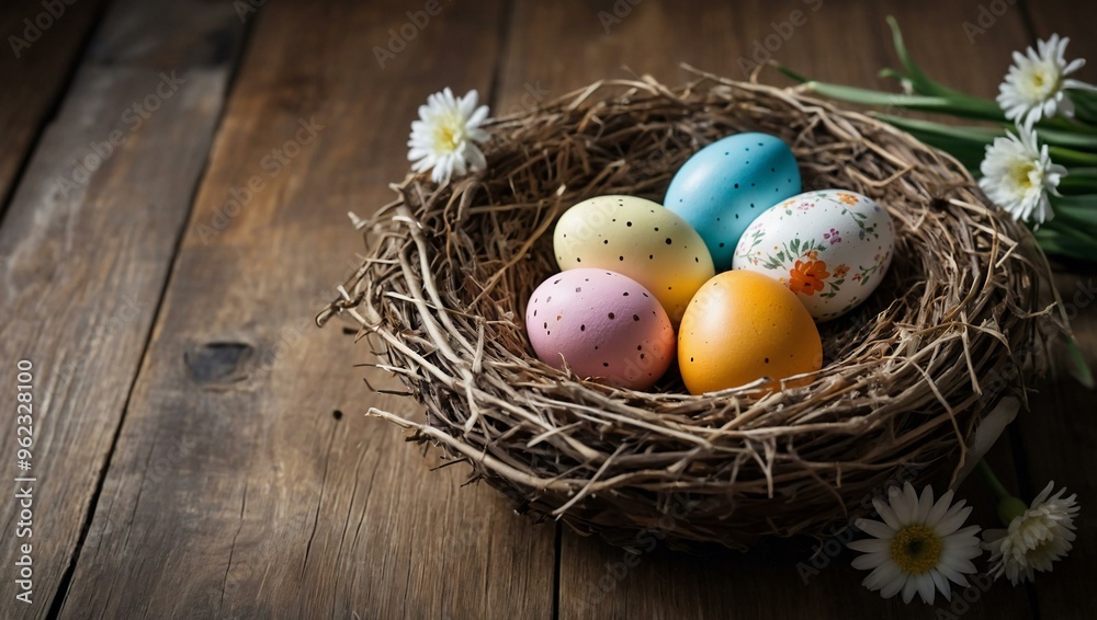 Easter eggs in a nest with flowers on wood, space for adding text. Easter eggs in a nest with flowers on wood, space for adding text.
