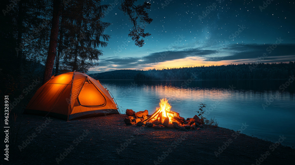 Nighttime by the lake: a cozy campfire burns near a tent, with a starry sky and the milky way galaxy above Nighttime by the lake: a cozy campfire burns near a tent, with a starry sky and the milky way galaxy above
