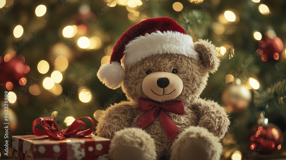Santa Hat Teddy Bear Next to a Christmas Tree Santa Hat Teddy Bear Next to a Christmas Tree