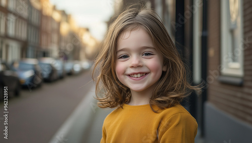 Candid Medium Shot of Happy Dutch Child Smiling on a Dutch Street