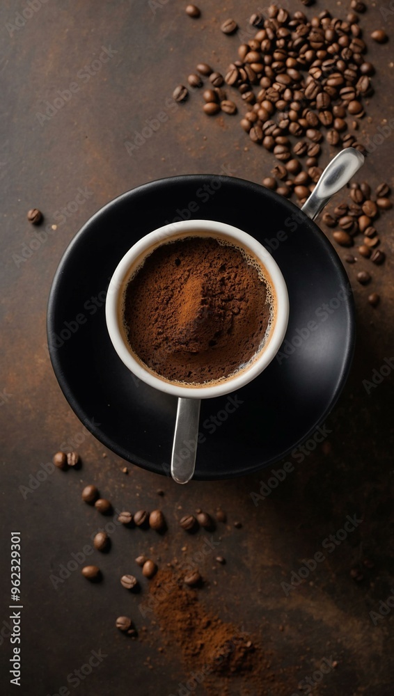 Espresso cup and measuring spoon with ground coffee from a top view, featuring space for your text or design. Espresso cup and measuring spoon with ground coffee from a top view, featuring space for your text or design.