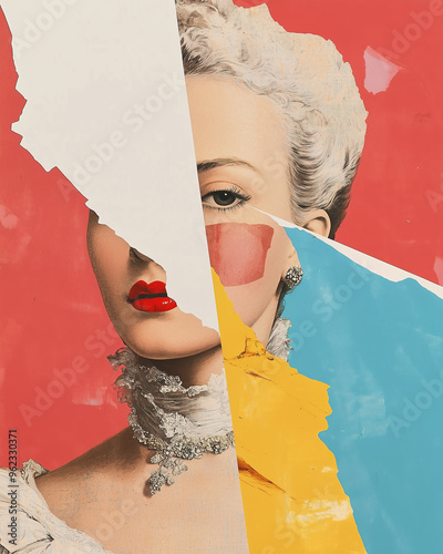 Marie Antoinette concept. Creative collage of the beautiful last queen of France using mix of different techniques. Close up portrait. Avant-garde postcard, poster style photo