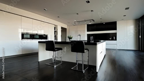 White large luxury modern kitchen wih dark floor photo