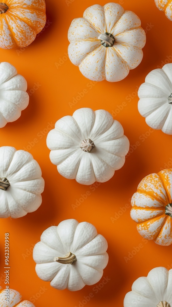 high angle white pumpkins with orange background