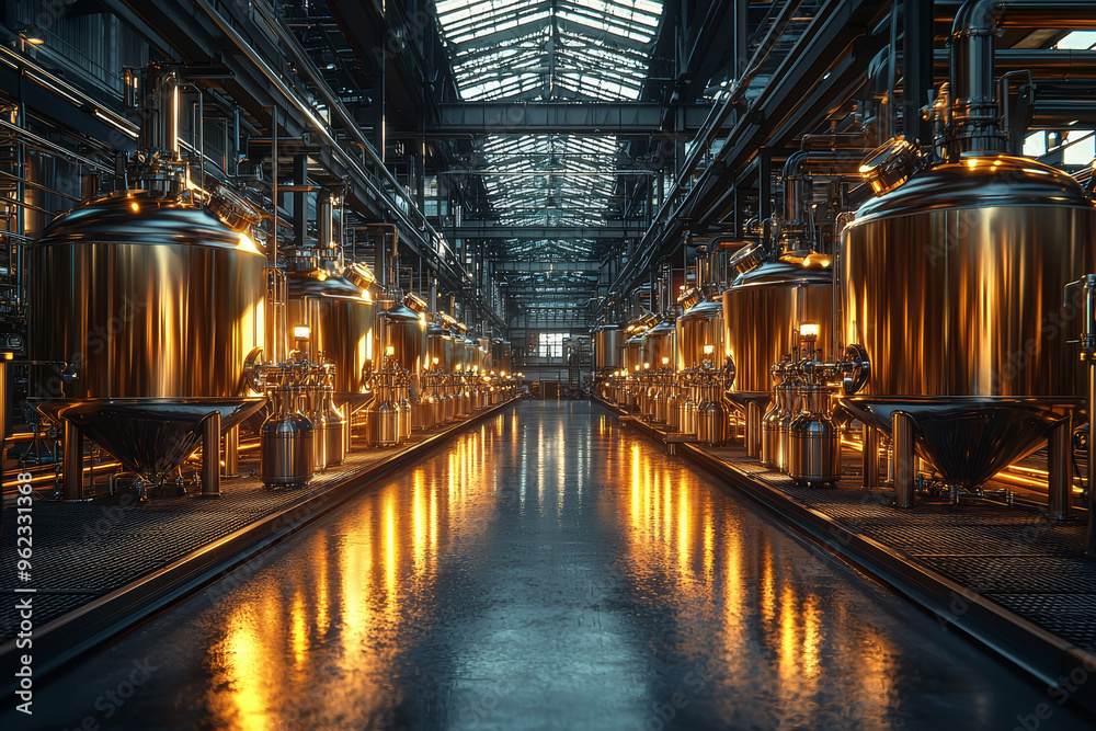A brewery with large fermentation tanks and bottling equipment, showcasing the industrial production of beer. Concept of brewing industry and beverage manufacturing.