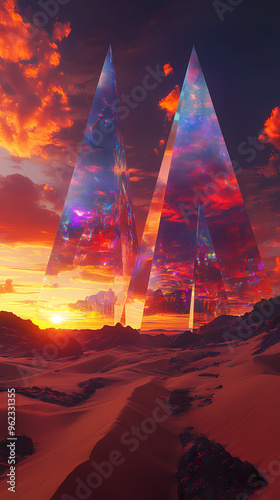 Surreal scene of massive glowing pyramids in a vast desert landscape at sunset, towering futuristic structures with vibrant hues, blending fantasy and mystical design in an otherworldly atmosphere photo