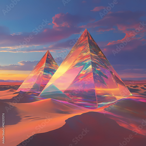 Surreal scene of massive glowing pyramids in a vast desert landscape at sunset, towering futuristic structures with vibrant hues, blending fantasy and mystical design in an otherworldly atmosphere photo