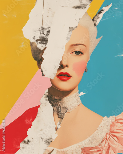 Marie Antoinette concept. Creative collage of the beautiful last queen of France using mix of different techniques. Close up portrait. Avant-garde postcard, poster style