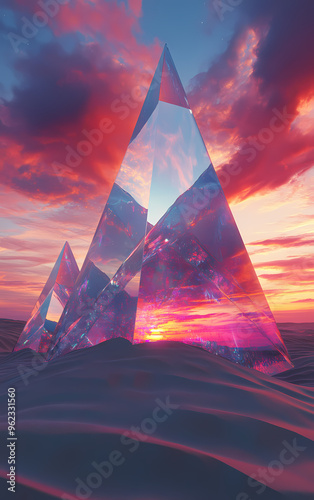 Surreal scene of massive glowing pyramids in a vast desert landscape at sunset, towering futuristic structures with vibrant hues, blending fantasy and mystical design in an otherworldly atmosphere photo