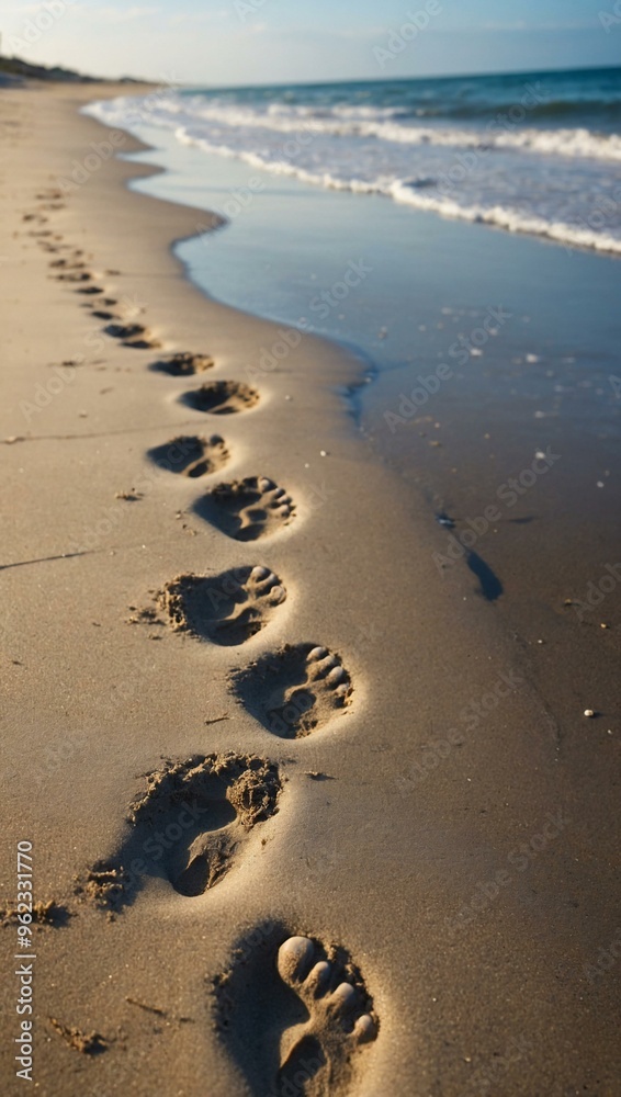 Footprints on the beach near the waves, with space for your text or design. Footprints on the beach near the waves, with space for your text or design.