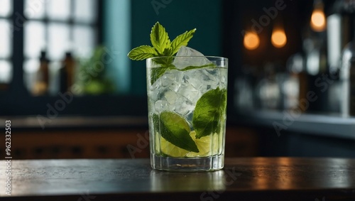 Fresh mojito in a glass on a table, with room for text or design.