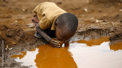 Image of a child drinking unsafe water from a contaminated puddle, highlighting the critical issue of access to clean water in impoverished regions. The scene underscores the urgent need for clean