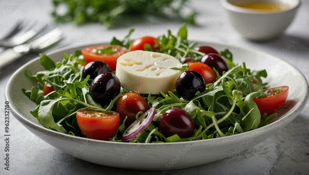Fresh salad with arugula, tomatoes, olives, and mozzarella on a white stone background. Fresh salad with arugula, tomatoes, olives, and mozzarella on a white stone background.