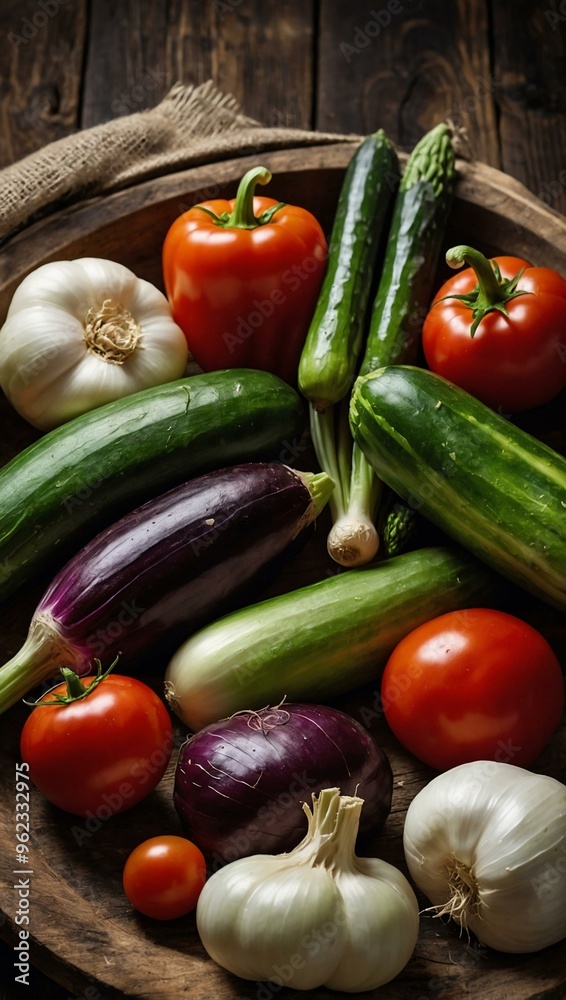 Fresh vegetables arranged on a rustic wooden background. Fresh vegetables arranged on a rustic wooden background.