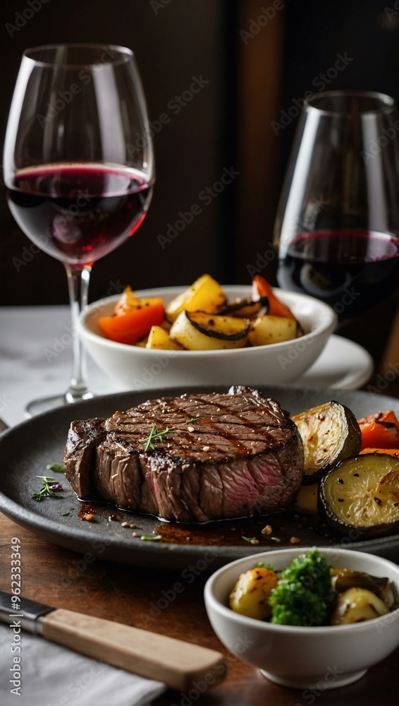Freshly grilled steak with a side of fried vegetables and a glass of wine in a restaurant setting. Freshly grilled steak with a side of fried vegetables and a glass of wine in a restaurant setting.
