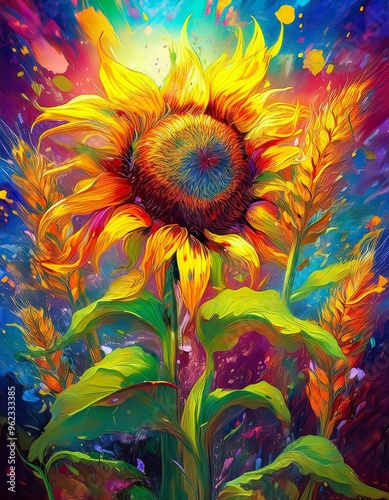 Sunflowers and maize stalks in psychedelic pop art