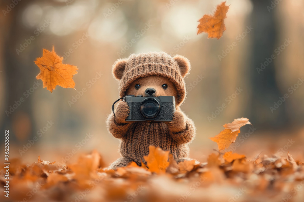 A teddy bear wearing a knitted hat and holding a camera in an autumn setting.