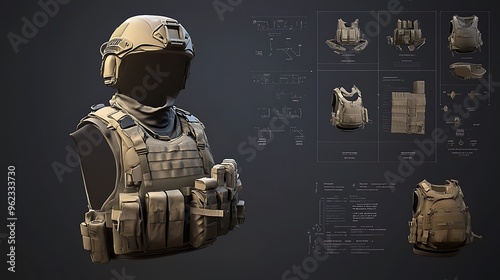 A Game Ready low polygon military vest and helmet schematic, with design principles and part explanations visualized around the diagram in high-quality 8k photo