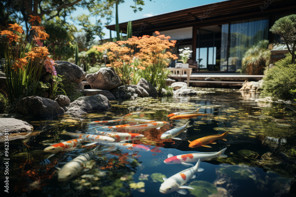 A tranquil Zen garden with a koi pond. Concept of meditative retreat. Generative Ai. A tranquil Zen garden with a koi pond. Concept of meditative retreat. Generative Ai.