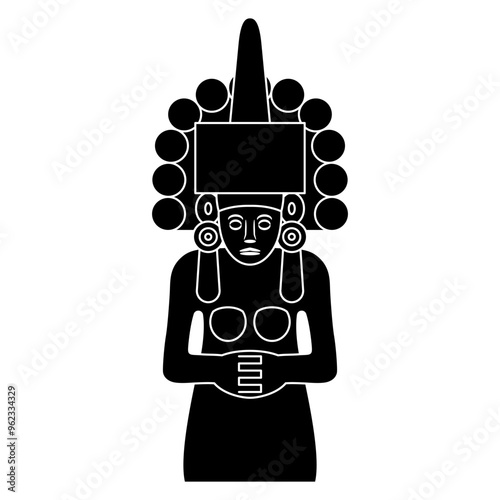 Huastecan or Totonac goddess of maize Centeocihuatl. Pre-Columbian Native American ethnic art from Mexico. Black and white silhouette. photo