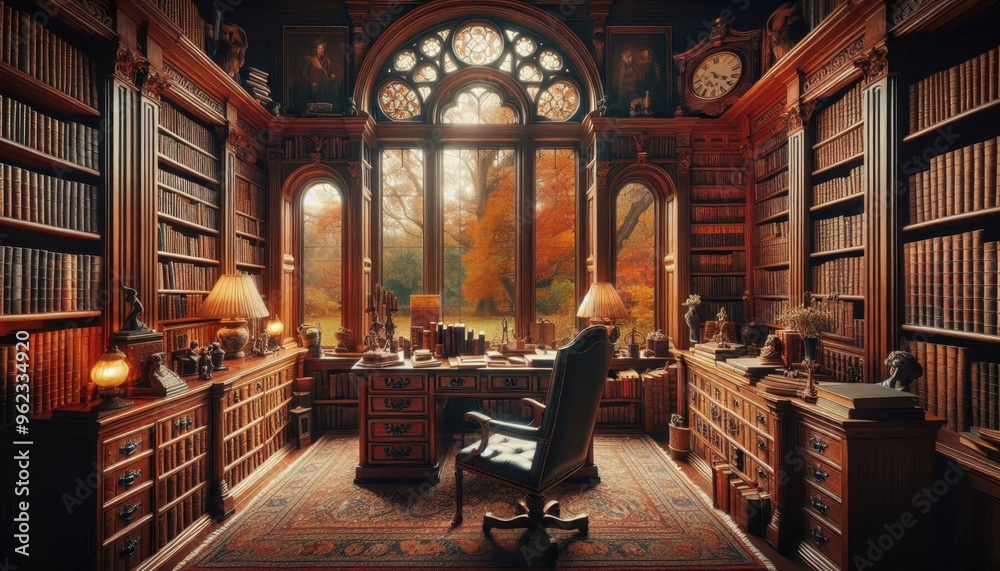 Fototapeta premium Elegant Study Room with Wooden Desk, Bookshelves, and Armchair in a Cozy Home Library Setting, Bright Lighting, Classic Decor, and a Serene Atmosphere