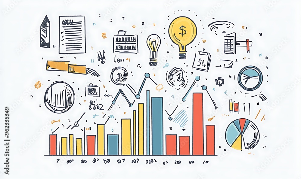 Hand-drawn sketch of bar charts, pie charts, and other business-related icons on a whiteboard Hand-drawn sketch of bar charts, pie charts, and other business-related icons on a whiteboard