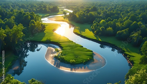 A winding river runs through the verdant forest, forming beautiful water reflections under the sun, and surrounded by a tranquil natural scenery. photo