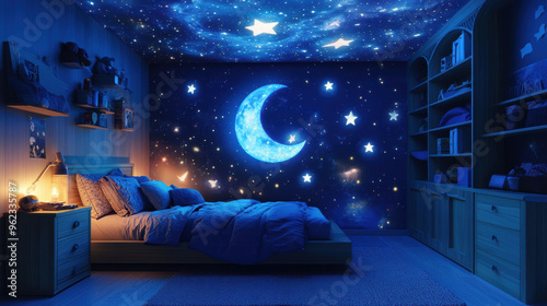 kids room features glow-in-the-dark moon and star ceiling decals, creating a tranquil sleep space and sparking imaginative dreams
