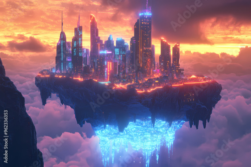 Futuristic floating city illuminated by neon lights hovering above a glowing crystal sea, with towering skyscrapers and vibrant sunset sky, blending sci-fi and fantasy in a surreal landscape
 photo