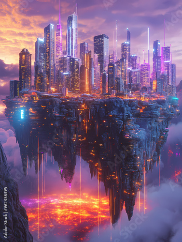 Futuristic floating city illuminated by neon lights hovering above a glowing crystal sea, with towering skyscrapers and vibrant sunset sky, blending sci-fi and fantasy in a surreal landscape
 photo