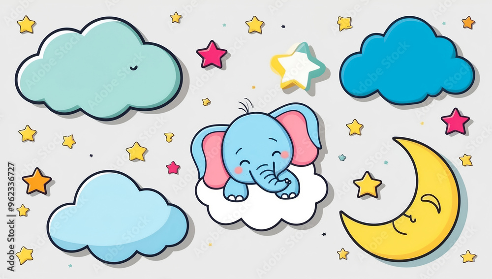Little cartoon elephant sleeping on a cloud, flat design illustration Little cartoon elephant sleeping on a cloud, flat design illustration