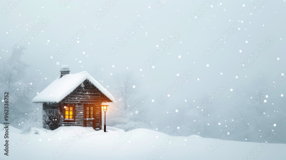 A small log cabin with glowing windows stands amidst a serene, snowy landscape. Gentle snowfall creates a peaceful, wintery atmosphere, making this image perfect for holiday greetings, winter retreats