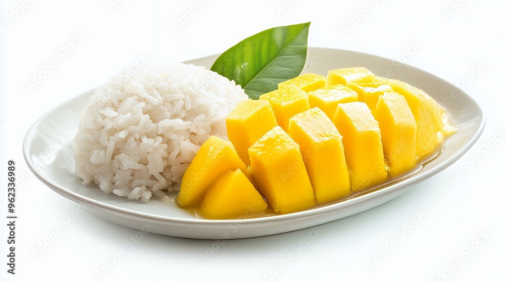 A plate of sliced mango and sticky rice with a green leaf. A plate of sliced mango and sticky rice with a green leaf.