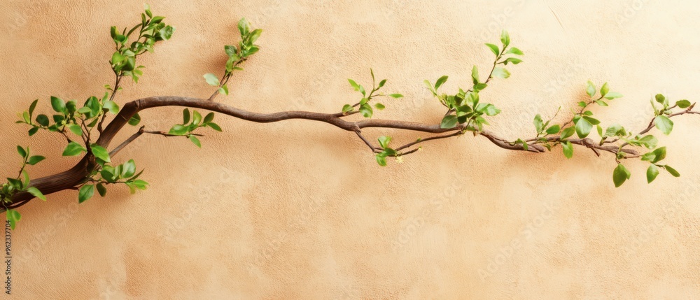A winding branch with fresh green leaves against a textured wall A winding branch with fresh green leaves against a textured wall