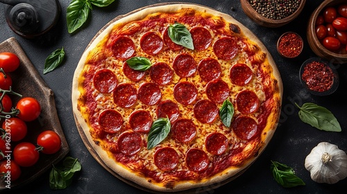 Top-Down View of Hot Pepperoni Pizza Surrounded by Tomatoes, Basil, and Spices on Black Concrete Background for Classic Pizza Presentation - Generative AI