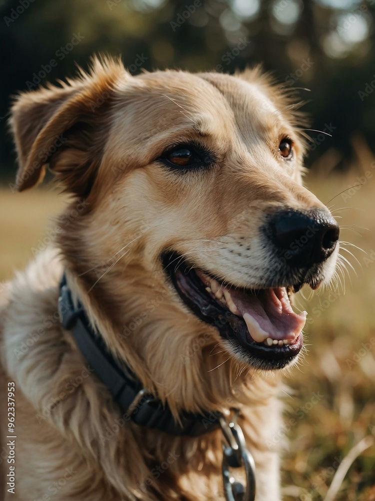 Happy dog resting with its mouth open, showcasing a playful expression against a plain background. Happy dog resting with its mouth open, showcasing a playful expression against a plain background.