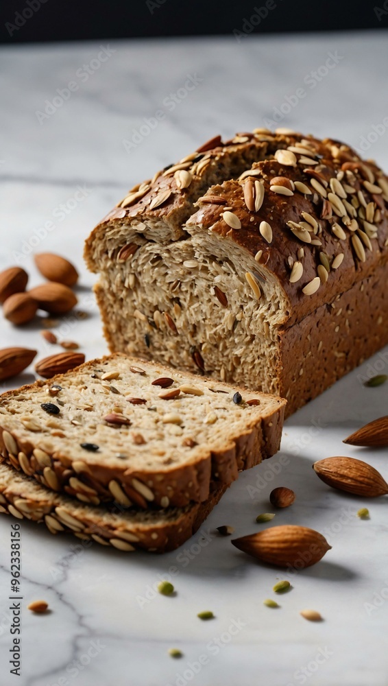 Healthy bread made with nuts and seeds, displayed on a white marble surface. Healthy bread made with nuts and seeds, displayed on a white marble surface.