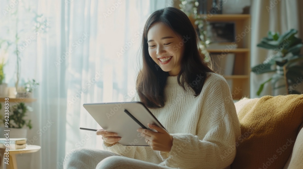 Smiling Woman Using Tablet at Home Smiling Woman Using Tablet at Home
