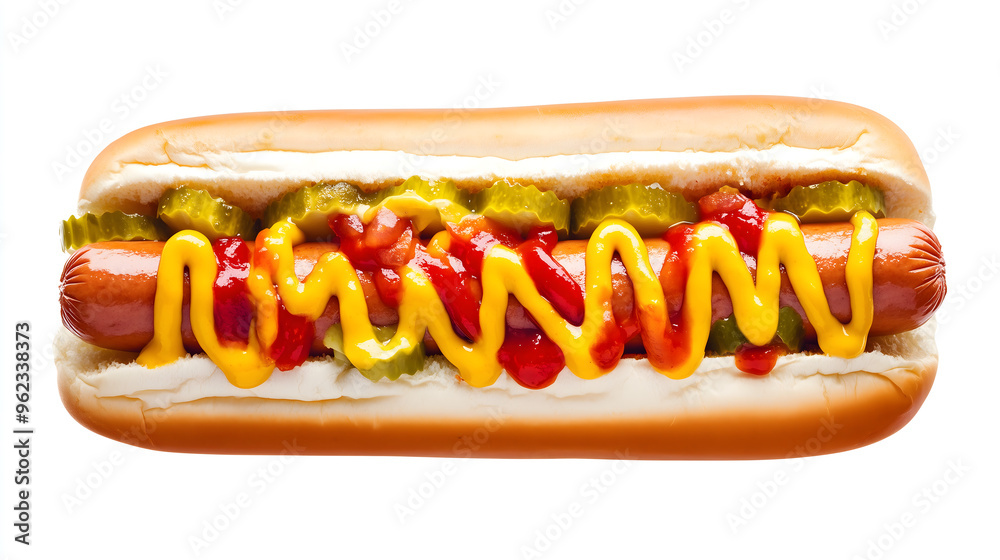 Delicious hot dog with ketchup and mustard with fried onions and cucumbers, on a white background. American fast food. AI generation Delicious hot dog with ketchup and mustard with fried onions and cucumbers, on a white background. American fast food. AI generation