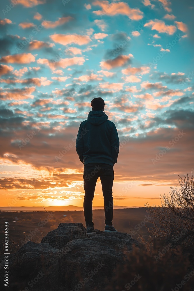 A man stands atop a rock, contemplating the dramatic sky filled with vibrant colors at sunset over a vast landscape. A man stands atop a rock, contemplating the dramatic sky filled with vibrant colors at sunset over a vast landscape.