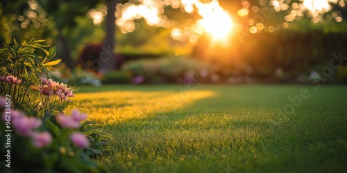 A lush green garden with blooming flowers bathed in the warm, golden sunlight of late afternoon or early evening.