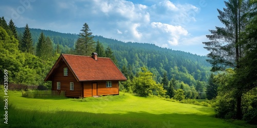 A solitary wooden cabin stands in a lush green meadow, surrounded by a dense forest under a clear blue sky.